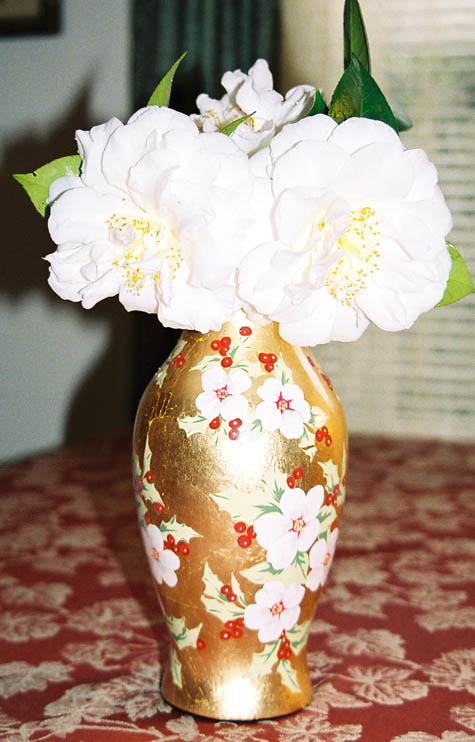 White camelias in vase